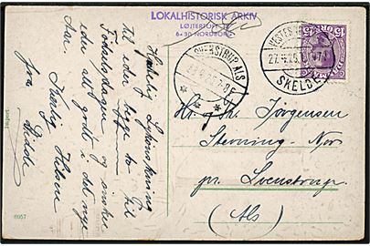15 øre Chr. X på brevkort annulleret med bureaustempel Vester Sottrup - Skelde T.1477 d. 27.4.1925 til Svenstrup. Ank.stemplet brotype IIb Svenstrup Als d. 28.4.1925. Violet tidl. ejerstempel. 