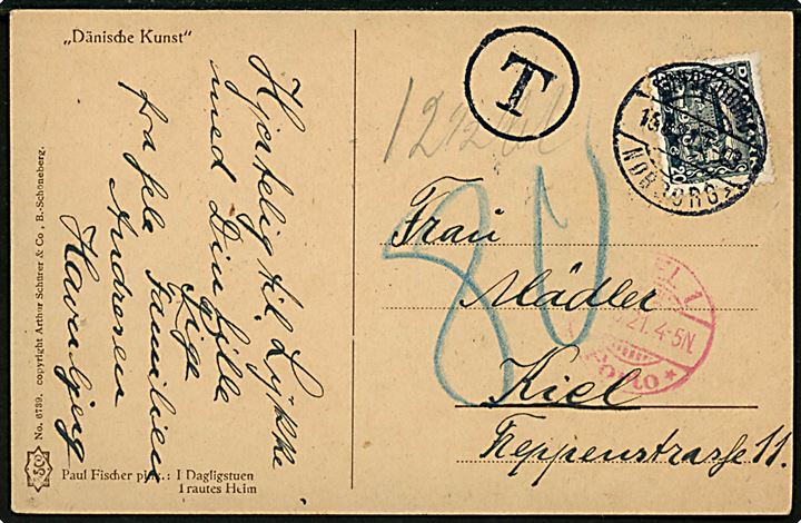 20 øre Genforening på brevkort fra havnbjerg annulleret med bureaustempel Sønderborg - Nørborg sn1 T.03 d. 15.8.1921 til Kiel, Tyskland. Sort T-stempel, tysk porto stempel fra Kiel og udtakseret i 80 pfg. tysk porto.