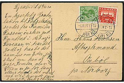 5 øre Chr. X og 10 øre Genforening på brevkort fra Lysabild annulleret med bureaustempel Sønderborg - Skovby Als T.15 d. 6.11.1920 til Oxbøl pr. Nørborg.