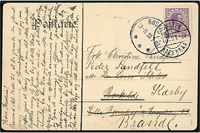 15 øre Chr. X på brevkort (Hilsen fra Tombøl med Tumbøl stationskro) annulleret med bureaustempel Graasten - Aabenraa T.09 d. 1.11.1920 til Roskilde - eftersendt til Kærby pr. Brande.
