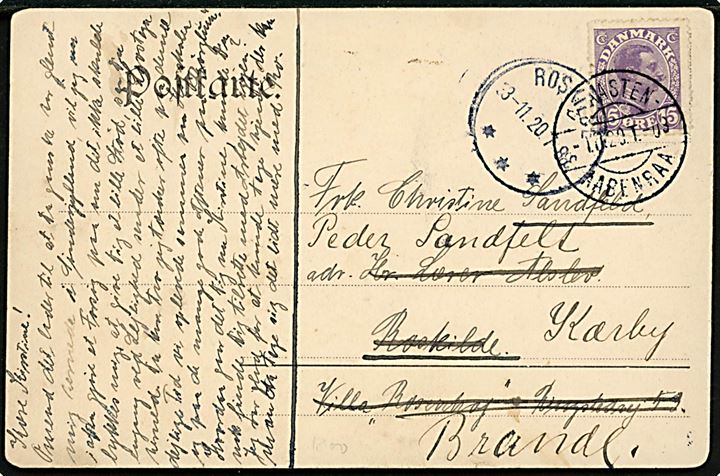 15 øre Chr. X på brevkort (Hilsen fra Tombøl med Tumbøl stationskro) annulleret med bureaustempel Graasten - Aabenraa T.09 d. 1.11.1920 til Roskilde - eftersendt til Kærby pr. Brande.