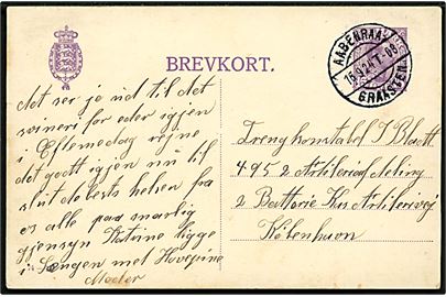15 øre Chr. X helsagsbrevkort (fabr. 74-H) annulleret med bureaustempel Aabenraa - Graasten T.08 d. 16.9.1924 til soldat i København.