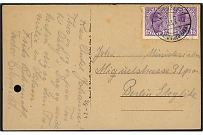 15 øre Chr. X i parstykke på brevkort fra Osby annulleret med bureaustempel Haderslev - Aarøsund Havn T.18 d. 3.8.1923 til Berlin, Tyskland.