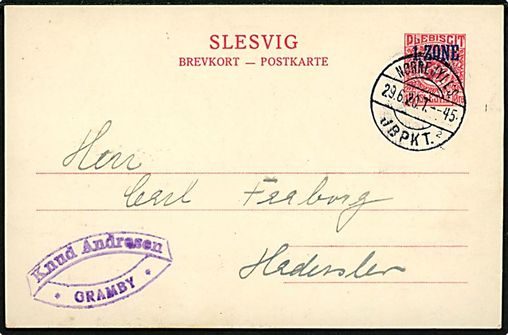 10 øre 1. Zone helsagsbrevkort fra Gramby annulleret med reserve bureaustempel (R8) Nørrejyll's. JBPKT. sn2 T.45 d. 29.6.1920 til Haderslev. Smuk anvendelse af reservestempel på strækningen Vojens-Gramby-Arnum i genforeningstiden. Tidl. solgt på Bruun Rasmussen for 3400 kr. (Marts 2011/Lot 4493).