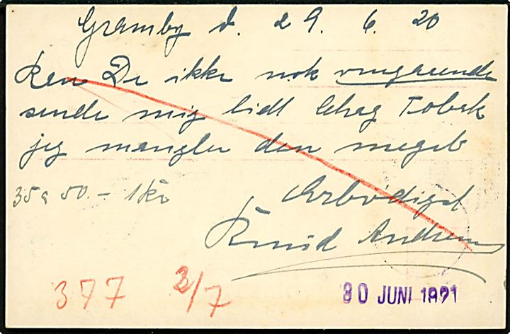 10 øre 1. Zone helsagsbrevkort fra Gramby annulleret med reserve bureaustempel (R8) Nørrejyll's. JBPKT. sn2 T.45 d. 29.6.1920 til Haderslev. Smuk anvendelse af reservestempel på strækningen Vojens-Gramby-Arnum i genforeningstiden. Tidl. solgt på Bruun Rasmussen for 3400 kr. (Marts 2011/Lot 4493).