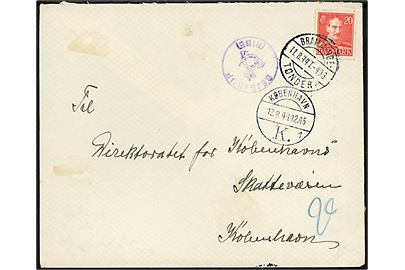 20 øre Chr. X på brev annulleret med bureau Bramminge - Tønder sn1 T.493 d. 11.8.1944 og sidestemplet med posthornstempel SEJSTRUP (RIBE) til København.