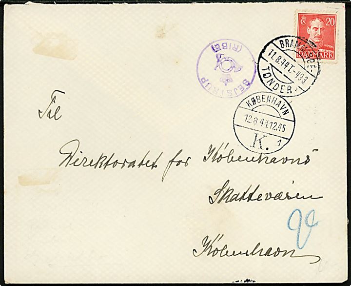 20 øre Chr. X på brev annulleret med bureau Bramminge - Tønder sn1 T.493 d. 11.8.1944 og sidestemplet med posthornstempel SEJSTRUP (RIBE) til København.