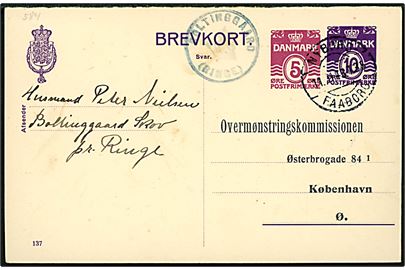 5 øre + 10 øre svardel af provisorisk dobbelthelsagsbrevkort annulleret med bureaustempel Nyborg - Faaborg T.35 d. 11.11.1943 og sidestemplet med posthornstempel BOLTINGGAARD (RINGE) til København.