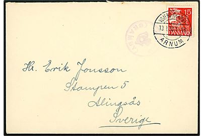 15 øre Karavel på brev annulleret med bureaustempel Vojens - Gramby - Arnum T.48 d. 13.1.1930 og sidestemplet med posthornstempel GRAM (GRAMBY) til Alingsås, Sverige.