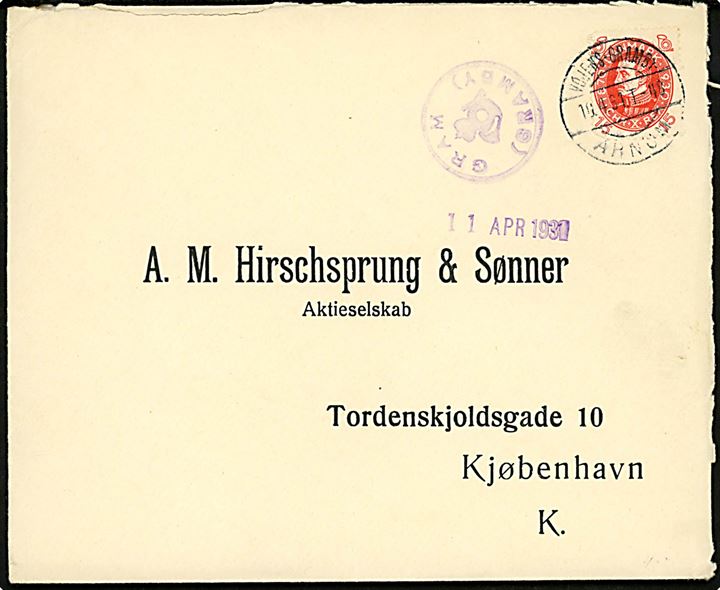 15 øre Chr. X 60 år på brev annulleret med bureaustempel Vojens - Gramby - Arnum T.48 d. 10.4.1931 og sidestemplet med posthornstempel GRAM (GRAMBY) til Kjøbenhavn.