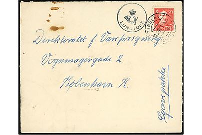 20 øre Chr. X på brev annulleret med bureaustempel Tinglev - Sønderborg T.400 d. 10.5.1948 og sidestemplet med posthornstempel LUNDTOFT til København.