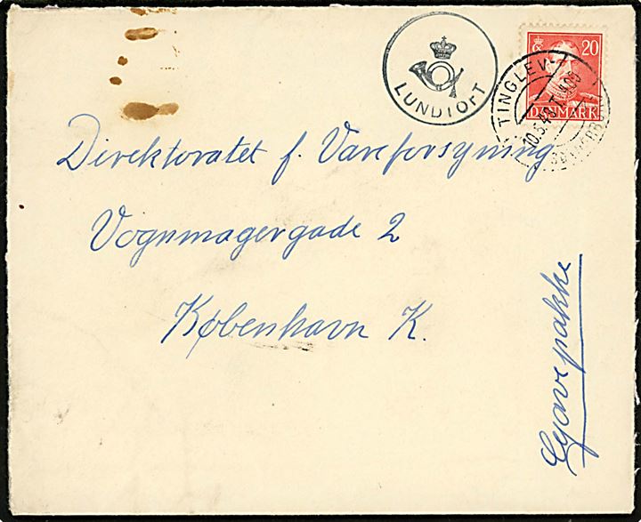 20 øre Chr. X på brev annulleret med bureaustempel Tinglev - Sønderborg T.400 d. 10.5.1948 og sidestemplet med posthornstempel LUNDTOFT til København.