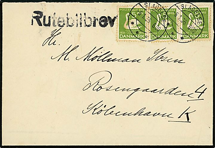 5 øre H. C. Andersen (3) på brev annulleret Slagelse d. 6.1.1936 og sidestemplet Rutebilbrev til København.