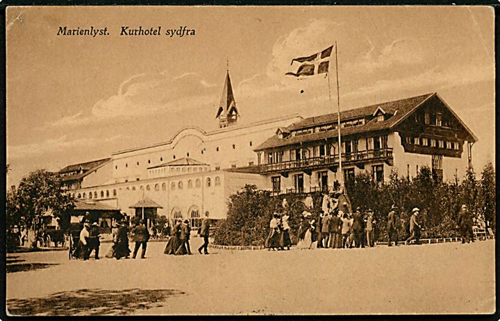 15 øre Chr. X på brevkort (Marienlyst ved Helsingør) annulleret med svensk stemdpel i Helsingborg d. 26.5.1921 og sidestemplet Från Danmark til Sverige.