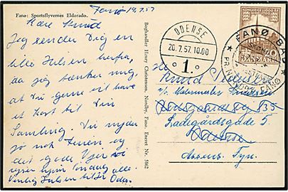 20 øre 1000 års udg. på brevkort (KZ III sportsflyver ved Fanø Vesterhavsbad) annulleret med turist-pr.-stempel Fanø Bad * / Skønne Badestrand / * pr. Nordby Fanø d. 19.7.1957 til Odense - eftersendt til Assens. 