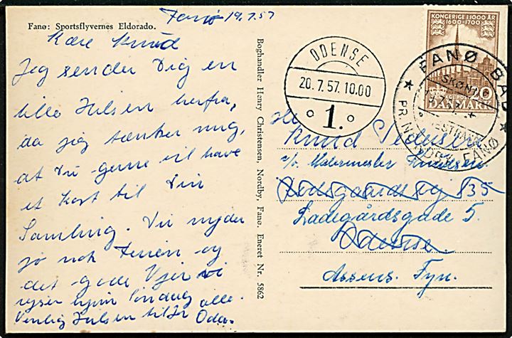 20 øre 1000 års udg. på brevkort (KZ III sportsflyver ved Fanø Vesterhavsbad) annulleret med turist-pr.-stempel Fanø Bad * / Skønne Badestrand / * pr. Nordby Fanø d. 19.7.1957 til Odense - eftersendt til Assens. 