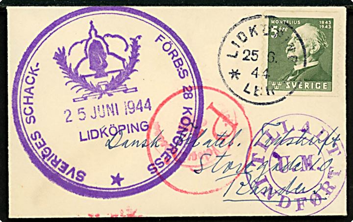 5 öre Montelius på lille tryksag fra Lidköping d. 25.6.1944 med stort sidestempel Sveriges Schack-Förb:s 28 Kongress / Lidköping 25 Juni 1944 til Randers, Danmark. Passér stemplet ved den danske censur med rødt stempel P-B (= Pressebureauet) og violet stempel Tilladt / U.M. / Indført (= Udenrigsministeriets Tryksagskontrol).