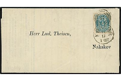 4 øre Tofarvet single på markedsberetning dateret i Hull d. 12.12.1879 sendt som tryksag og annulleret med kombineret nr.stempel 37/Korsør d. 13.12.1879 til Nakskov. På bagsiden ank.stemplet i Nakskov d. 15.12.1879.