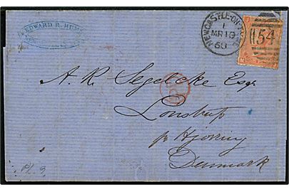 4d Victoria pl.9 på brev annulleret med duplex Newcastle-on-Tyne / 545 d. 10.3.1868 via London, Kolding, Aalborg til Lønstrup pr. Hjørring.