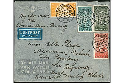 10 øre, 15 øre, 20 øre og 50 øre Luftpost på luftpostbrev fra Sønderborg d. 27.2.1939 via Berlin Zentralflughafen til Ulu Sapetang, Perak, Federated Malay States. 