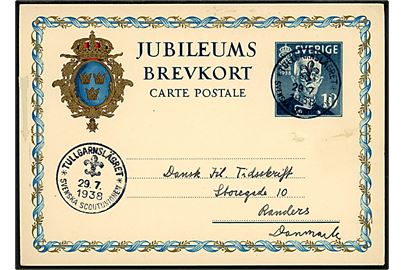 10 öre helsagsbrevkort annulleret med spejder særstempel Tullgarnslägret * Svenska Scoutunionen * d. 29.7.1938 til Randers, Danmark. 
