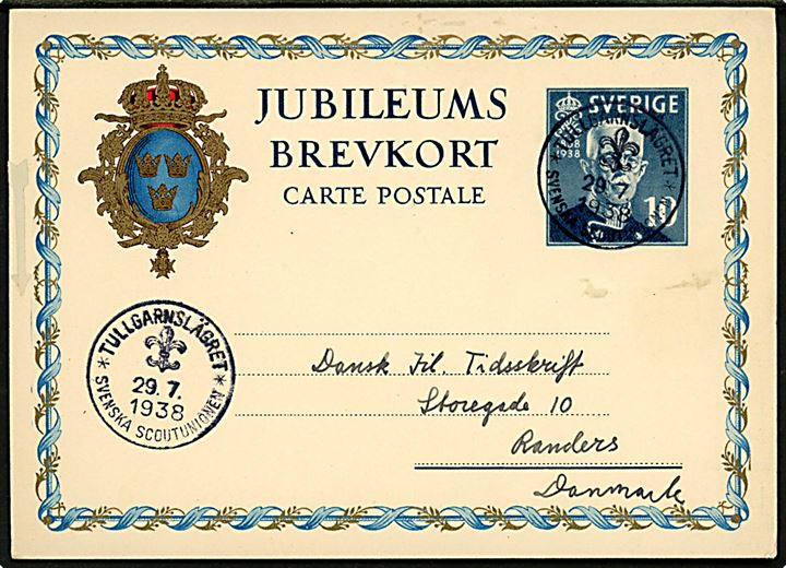 10 öre helsagsbrevkort annulleret med spejder særstempel Tullgarnslägret * Svenska Scoutunionen * d. 29.7.1938 til Randers, Danmark. 