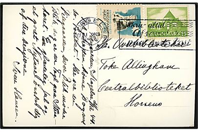 15 øre Landsbykirke og 5 øre Krigsfangehjælp mærkat på brevkort (Luftfoto af Pilegaarden ved Slagelse) annulleret Slagelse d. 21.12.1944 til Horsens.