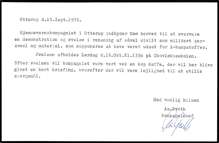 120 øre Margrethe med perfin H (= Hjemmeværnet) på fortrykt kuvert fra Region IV stemplet Otterup d. 16.9.1976 til Østrup pr. Otterup. Indeholder klapkort fra Region IV med indbydelse til demonstration af rensning af såvel civilt som militært personel og materiel som har været udsat for A-kampstoffer (Atomvåben).