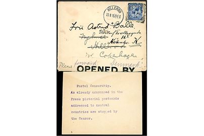 2½d George V på brev med delvist bortcensureret indhold fra Sennen d. 16.8.1915 til Hillerød, Danmark - eftersendt til København. Åbnet af britisk censur no. 65. Indlagt primitiv meddelelse: Postal Censorship. As already announced in the Press pictorial postcards addressed to neutral countries are stopped by the Censor.. Provisional censorship slip 7 jf. Graham Mark p. 194.