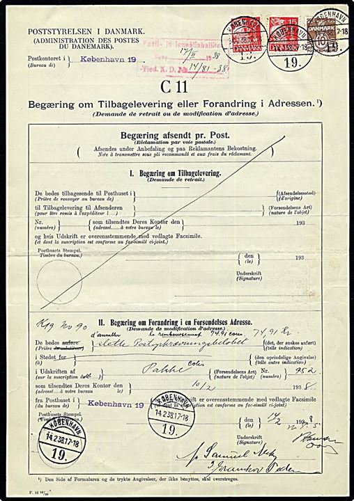 10 øre Bølgelinie og 15 øre Karavel (2) fra København d. 14.2.1938 på Begæring om Forandring af Opkrævnings-beløb C11 for pakke til Finland. Finsk ank.stempel d. 17.2.1938.