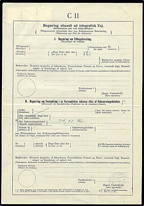 10 øre Bølgelinie og 15 øre Karavel (2) fra København d. 14.2.1938 på Begæring om Forandring af Opkrævnings-beløb C11 for pakke til Finland. Finsk ank.stempel d. 17.2.1938.