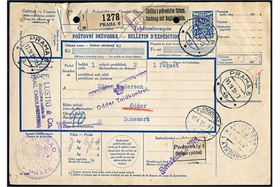 Internationalt adressekort for pakke fra Prag d. 19.9.1931 via Bodenbach, Dresden og Flensburg til Odder, Danmark. 