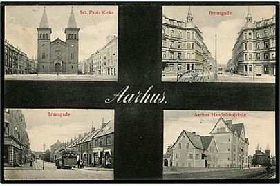 Aarhus med Sct. Pauls Kirke, Bruunsgade, Sporvogn nr. 21 og Handelshøjskolen. Edv. Monsrud u/no. 