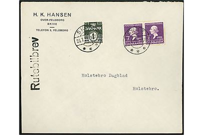 1 øre Bølgelinie og 7 øre H. C. Andersen i parstykke på brev fra Over-Feldborg annulleret Skive d. 26.7.1935 og sidestemplet Rutebilbrev til Holstebro.