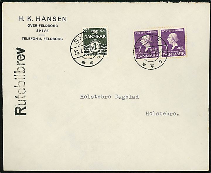 1 øre Bølgelinie og 7 øre H. C. Andersen i parstykke på brev fra Over-Feldborg annulleret Skive d. 26.7.1935 og sidestemplet Rutebilbrev til Holstebro.