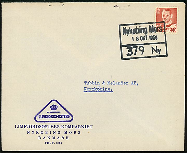 30 øre Fr. IX på Limfjordsøsters-Kompagniet firmakuvert annulleret med DSB rammestempel Nykøbing Mors / 379 Ny d. 18.10.1956 til Norrköping, Sverige.