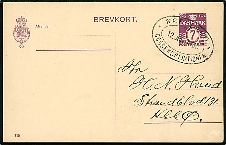 7 øre helsagsbrevkort (fabr. 115) sendt lokalt i København og annulleret med ovalt jernbanestempel Nørrebro * Godsekspeditionen * d. 12.7.1935. Filatelistisk med forskellige kontorstempler på bagsiden.