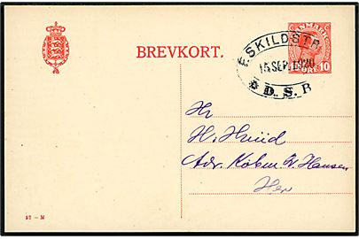 10 øre Chr. X helsagsbrevkort (fabr. 52-M) sendt lokalt annulleret med ovalt jernbanestempel Eskildstrup * D.S.B.* d. 15.9.1920. Muligvis 