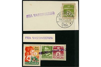 Fra Vassingerød. Kassetømningsstempel på 3 brevstykker fra 1941-1948.