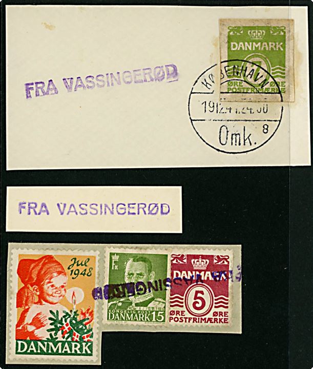 Fra Vassingerød. Kassetømningsstempel på 3 brevstykker fra 1941-1948.