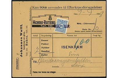DSB 100 øre fragtmærke annulleret 8.9.1938 på Hobro Rutebilstation fragtbrev for forsendelse fra Hobro d. 9.9.1938 med rute 10 (= Hobro-Aars-Løgstør) til Aandssvageanstalten på Livø.
