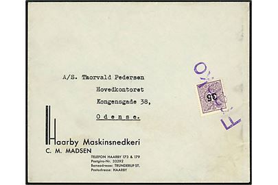 DSB 35/80 øre Fragtmærke provisorium på firmakuvert fra Haarby Maskinsnedkeri i 1930'erneannulleret med violet liniestempel Franko til Odense. 