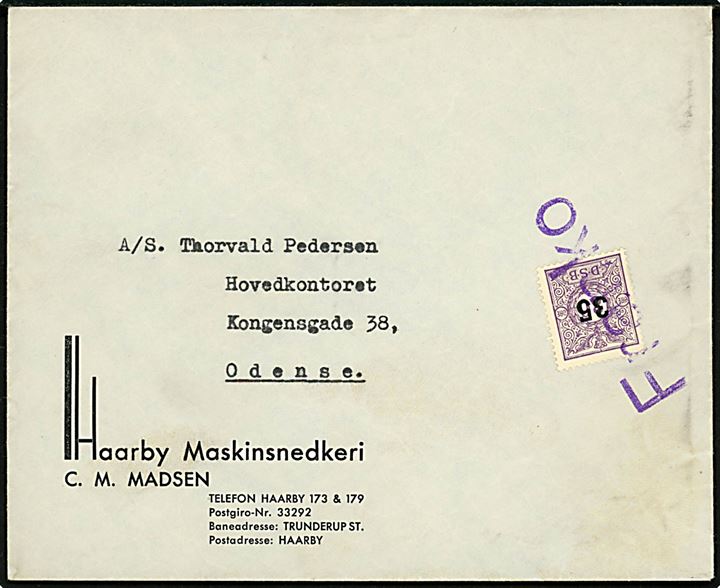 DSB 35/80 øre Fragtmærke provisorium på firmakuvert fra Haarby Maskinsnedkeri i 1930'erneannulleret med violet liniestempel Franko til Odense. 