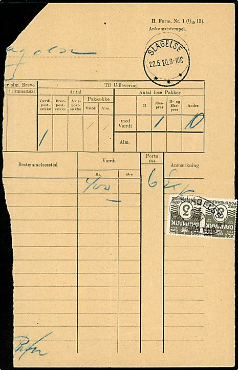 3 øre Bølgelinie i parstykke annulleret med ovalt kontorstempel Slagelse / (krone) Postkontor på del af karte (H.Form. Nr. 1 (1/10 13) med brotype IIIb stempel Slagelse d. 22.5.1920.