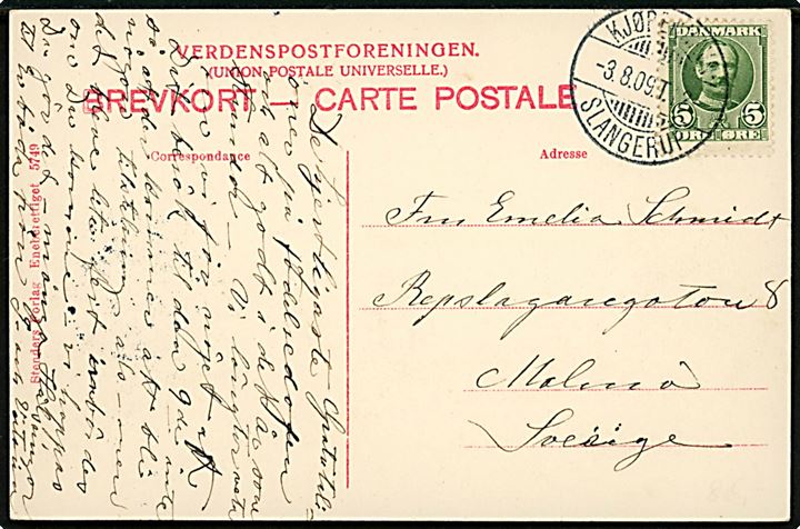 Slangerup, Brugsforening. Stenders no. 5749. Frankeret med 5 øre Fr. VIII annulleret med bureaustempel Kjøbenhavn - Slangerup T.12 d. 3.8.1909 til Malmö, Sverige.