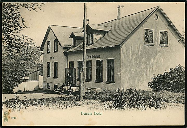 Nærum hotel. Peter Alstrup no. 1760. Frankeret 5 øre Våben (defekt) annulleret med stjernestempel NÆRUM og sidestemplet bureau Kjøbenhavn - Holte T.340 d. 23.12.1905.