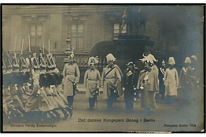 Det danske Kongepars besøg i Berlin 1906. Stenders u/no. Frankeret med 5 øre Chr. IX og Julemærke 1906 fra Kjøbenhavn d. 11.12.1906 via bureau Nyborg - Vamdrup T.52 d. 11.12.1906 til Tranekær på Langeland.