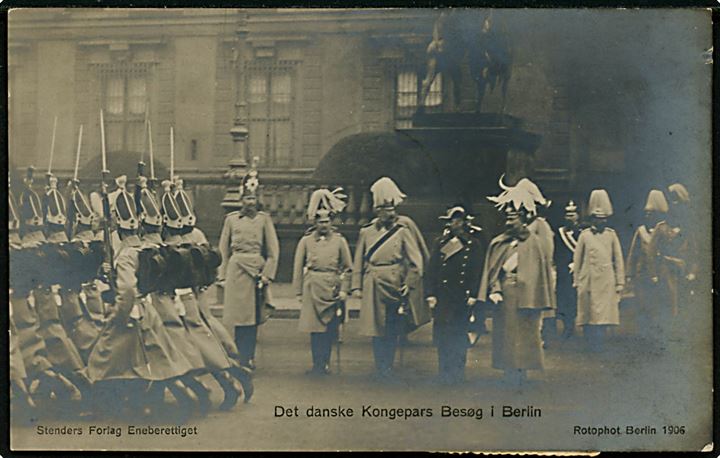 Det danske Kongepars besøg i Berlin 1906. Stenders u/no. Frankeret med 5 øre Chr. IX og Julemærke 1906 fra Kjøbenhavn d. 11.12.1906 via bureau Nyborg - Vamdrup T.52 d. 11.12.1906 til Tranekær på Langeland.