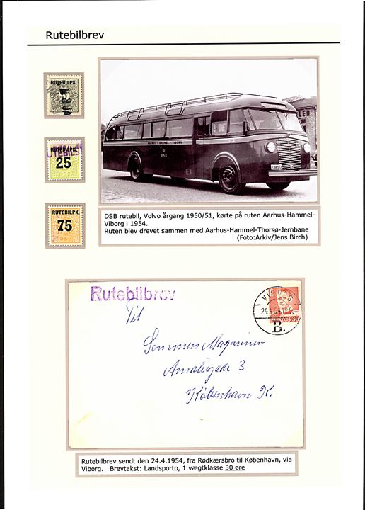 30 øre Fr. IX på brev fra Rødkærsbro annulleret Viborg B. d. 24.4.1954 og sidestemplet Rutebilbrev til København. Smukt monteret på udstillingsplanche med nyere fotografi af DSB Volvo rutebil på ruten Aarhus - Hammel - Viborg.