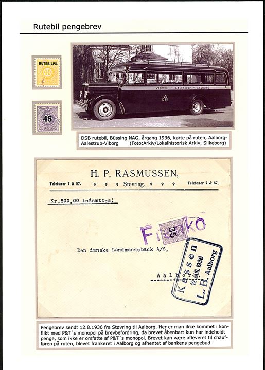 DSB 35/80 øre provisorisk fragtmærkeannulleret med liniestempel Franko på firmakuvert fra H. P. Rasmussen i Støvring mærket kr. 500,00 indsættes til Den danske Landmandsbank A/S i Aalborg. Enestående Penge-rutebilfragtbrev. Smukt monteret på udstillingsplanche med nyere fotografi af DSB Büssing rutebil på ruten Viborg - Aalestrup - Aalborg.